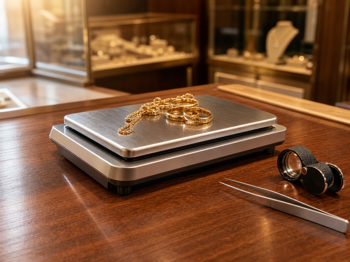 Banco di valutazione della gioielleria con bilancia di precisione e lente da gemmologo