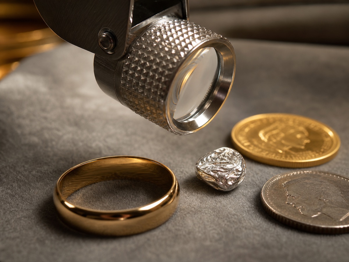 Lente da gemmologo abbassata su un assortimento di oggetti preziosi in oro e argento sul tampone da banco