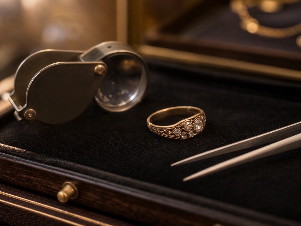 Anello d'epoca in oro con diamante su un portagioie antico aperto, pronto per la valutazione